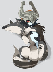 Rule 34 | 1boy, 1girl, animal, animal ear fluff, animal ears, animal hands, anus, arms behind head, belly, body markings, closed eyes, colored sclera, colored skin, glowing tattoo, grey background, headdress, helmet, highres, link, midna, multicolored skin, navel, neon trim, nintendo, open mouth, orange hair, paw pads, pointy ears, red eyes, simple background, sleeping, tail, tattoo, the legend of zelda, the legend of zelda: twilight princess, tirarizun, two-tone fur, two-tone skin, wolf, wolf link, yellow sclera