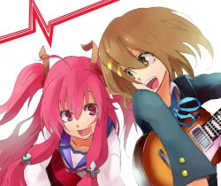 Rule 34 | 10s, 2girls, :d, angel beats!, blazer, brown eyes, brown hair, crossover, fang, guitar, hirasawa yui, instrument, jacket, jonasan, k-on!, long hair, multiple girls, name connection, open mouth, pepe (jonasan), pink hair, red eyes, school uniform, short hair, short twintails, smile, twintails, two side up, yui (angel beats!)