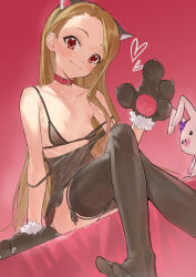 Rule 34 | 1girl, animal collar, animal ear hairband, animal ears, animal hands, armpit crease, babydoll, black gloves, black nightgown, black panties, black thighhighs, blush, breasts, brown hair, cat ear hairband, cat ears, collar, collarbone, commentary, crossed legs, fake animal ears, feet out of frame, flower, forehead, fur-trimmed gloves, fur trim, gloves, hairband, heart, highres, idolmaster, idolmaster million live!, lingerie, long hair, looking at viewer, minase iori, nightgown, panties, panty pull, partially undressed, paw gloves, perorin, purple flower, rabbit, red background, red collar, red eyes, see-through bra, simple background, sitting, small breasts, smile, solo, string panties, stuffed animal, stuffed rabbit, stuffed toy, thighhighs, underwear