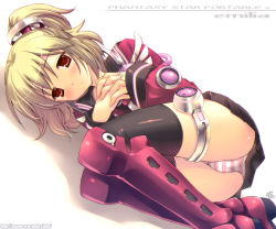 Rule 34 | 1girl, armor, bad id, bad pixiv id, blush, boots, emilia percival, knee boots, lying, mame-p, on side, panties, phantasy star, phantasy star portable 2, ponytail, red eyes, solo, striped clothes, striped panties, thighhighs, underwear