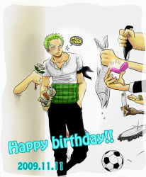 Rule 34 | 1boy, 6+others, ball, birthday, black bow, bow, english text, f8sh, feet out of frame, fish, flower, green hair, hand mirror, happy birthday, jewelry, male focus, male swimwear, mirror, multiple others, one piece, panties, pants, ring, roronoa zoro, shirt, solo focus, speech bubble, standing, surprised, swim briefs, sword, underwear, weapon, wedding ring, white shirt