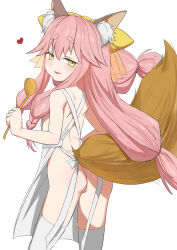 Rule 34 | 1girl, absurdres, animal ears, apron, ass, back, bare shoulders, blush, braided sidelock, breasts, fate/samurai remnant, fate (series), fox ears, fox girl, fox tail, highres, long hair, looking at viewer, mailixiang, naked apron, pink hair, short eyebrows, small breasts, smile, solo, tail, tamamo (fate), tamamo aria (fate), thighs, yellow eyes