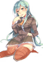 Rule 34 | 10s, 1girl, aqua eyes, aqua hair, ascot, bad id, bad pixiv id, breasts, hair ornament, hairclip, highres, jacket, kantai collection, liquid, loafers, long hair, medium breasts, naughty face, open mouth, pleated skirt, school uniform, shoes, sitting, skirt, smile, solo, suzuya (kancolle), takitou, thighhighs, zettai ryouiki