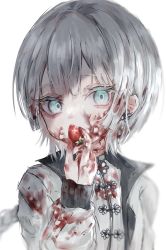 Rule 34 | 1girl, ambiguous red liquid, blue eyes, eating, female focus, food, fruit, highres, holding, holding food, looking at viewer, maruna(maa ruu2), original, silver hair, solo, strawberry, upper body