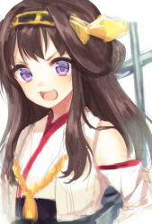 Rule 34 | &gt;:d, 10s, 1girl, :d, ahoge, blue eyes, blush, brown hair, detached sleeves, hairband, headgear, japanese clothes, kantai collection, kongou (kancolle), long hair, looking at viewer, midorikawa you, open mouth, personification, smile, solo, v-shaped eyebrows