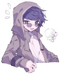 Rule 34 | 1boy, :d, blue eyes, blue hair, coat, collared shirt, cropped torso, facial hair, glasses, grey coat, highres, holding, hood, hood up, hwr33m, long sleeves, looking at viewer, male focus, master detective archives: rain code, open mouth, round eyewear, shirt, short hair, simple background, smile, solo, stubble, tinted eyewear, upper body, white background, white shirt, yakou furio