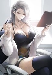 Rule 34 | 1girl, breasts, chair, cleavage, crossed legs, grin, highres, holding, holding notebook, holding pen, indoors, jacket, lens flare, light smile, long hair, looking at viewer, niijima sae, notebook, parted lips, pen, persona, persona 5, sitting, smile, solo, thighhighs, tommy (kingdukeee), white jacket