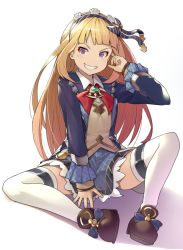 Rule 34 | 1girl, blazer, blonde hair, blush, brown footwear, cagliostro (granblue fantasy), cagliostro (youthful uniform) (granblue fantasy), collared shirt, granblue fantasy, grin, hair ribbon, head tilt, hinami (hinatamizu), jacket, long hair, long sleeves, looking at viewer, open clothes, open jacket, purple eyes, ribbon, school uniform, shirt, sitting, skirt, smile, solo, spread legs, sweater, thighhighs, v-shaped eyebrows, very long hair, white background, white shirt, white thighhighs, wing collar