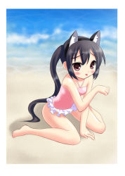 Rule 34 | 00s, 1girl, animal ears, beach, black hair, brown eyes, cat ears, day, fake animal ears, female focus, full body, k-on!, kenkou toshikou, long hair, nakano azusa, one-piece swimsuit, outdoors, paw pose, solo, swimsuit, tongue, twintails