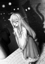 Rule 34 | 1girl, barrel, closed mouth, commentary request, different shadow, greyscale, hair between eyes, hand up, highres, ittokyu, long hair, long sleeves, looking at viewer, monochrome, original, pleated skirt, shirt, signature, skirt, solo, standing, tongue, tongue out, very long hair, wide sleeves