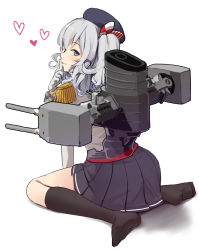 Rule 34 | 10s, 1girl, finger to mouth, gloves, heart, highres, kantai collection, kashima (kancolle), kneehighs, looking at viewer, max melon, shushing, silver hair, sitting, skirt, smile, socks, solo, turret, twintails, uniform, wariza, wavy hair