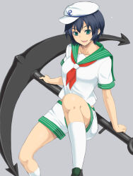 Rule 34 | 1girl, anchor, anchor symbol, black hair, commentary, feet out of frame, green eyes, green sailor collar, hat, highres, kakone, looking at viewer, murasa minamitsu, sailor, sailor collar, sailor hat, shirt, short hair, short sleeves, shorts, socks, solo, touhou, white shirt, white shorts, white socks