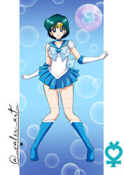 Rule 34 | 1990s (style), 1girl, aqua hair, artist name, bishoujo senshi sailor moon, blue bow, blue choker, blue eyes, blue footwear, blue sailor collar, blue skirt, boots, border, bow, choker, commentary, earrings, elbow gloves, english commentary, full body, gloves, highres, jewelry, knee boots, looking at viewer, magical girl, mercury symbol, miniskirt, mizuno ami, moon, pleated skirt, retro artstyle, sailor collar, sailor mercury, sailor senshi, sailor senshi uniform, scene reference, short hair, skirt, smile, solo, standing, tiara, valerartista, white border, white gloves
