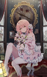Rule 34 | 1girl, bare shoulders, blood, blood on clothes, bouquet, commentary request, curtains, detached sleeves, doll joints, dress, flower, green eyes, hair between eyes, half-closed eyes, highres, hugging object, ikeuchi tanuma, indoors, joints, knee up, long hair, looking at viewer, original, parted lips, photo (object), pink dress, pink hair, pink sleeves, puffy short sleeves, puffy sleeves, shoes, short sleeves, sitting, solo, vandalized, white flower, white footwear, wide sleeves, window