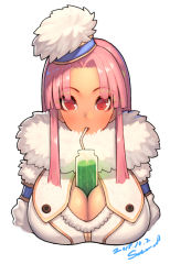 Rule 34 | 1girl, between breasts, blush, breasts, commentary, cropped torso, dated, drinking, drinking straw, ecell, english commentary, fur collar, fur hat, hat, jar, large breasts, long hair, looking at viewer, monster hunter (series), parted bangs, parted lips, pink hair, potion, red eyes, red lips, sidelocks, signature, simple background, solo, upper body, white background