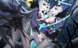 Rule 34 | 2girls, black feathers, black lips, breasts, chain, cleavage, clone, come hither, drill hair, feathers, highres, league of legends, leblanc (league of legends), lipstick, looking at viewer, makeup, medium breasts, multiple girls, one eye closed, purple eyes, qidai, ravenborn leblanc, short hair, tiara, twin drills, white hair