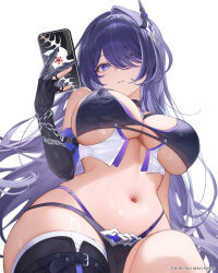 Rule 34 | 1girl, acheron (honkai: star rail), bikini, black bikini, black thighhighs, breasts, cellphone, commentary request, gauntlets, hair over one eye, highres, holding, holding phone, honkai: star rail, honkai (series), large breasts, long hair, looking at viewer, machi (7769), navel, parted lips, patreon username, phone, purple eyes, purple hair, simple background, solo, swimsuit, thighhighs, white background