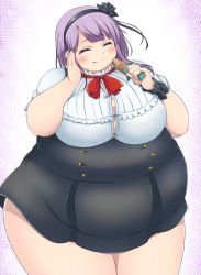 Rule 34 | 10s, 1girl, ^ ^, blush, bow, breasts, bursting breasts, closed eyes, dagashi kashi, dress, eating, closed eyes, fat, hairband, hand on own cheek, hand on own face, happy, highres, kurokaze no sora, large breasts, no legwear, obese, purple hair, shidare hotaru, short hair, smile, solo, thick arms, thick thighs, thighs, wide hips, wrist cuffs