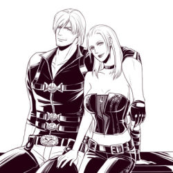 Rule 34 | 1boy, 1girl, blonde hair, blue eyes, breasts, choker, couple, dante (devil may cry), devil may cry, devil may cry (series), devil may cry 4, hetero, hug, leather, lowres, trish (devil may cry)