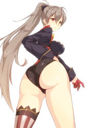 Rule 34 | 1girl, artist request, ass, azur lane, blush, breasts, brown hair, curvy, from behind, from below, gloves, highres, hip focus, huge ass, jean bart (azur lane), large breasts, legs, long hair, looking at viewer, looking down, ponytail, red eyes, shiny clothes, shiny skin, short shorts, shorts, sideboob, single thighhigh, solo, striped clothes, striped thighhighs, thick thighs, thighhighs, thighs, very long hair, wide hips