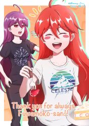 2girls ahoge badeline cake cake_slice celeste_(video_game) closed_eyes colored_sclera copyright_name english_text food fruit fuwamoko_momen_toufu happy highres long_hair madeline_(celeste) multiple_girls pants purple_hair red_sclera shirt strawberry t-shirt upper_body very_long_hair