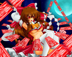 Rule 34 | 1girl, archienemy, armpits, arms up, bad id, bad pixiv id, bow, breasts, brown hair, danmaku, detached sleeves, female focus, full moon, gohei, hair bow, hakurei reimu, iyuuki, japanese clothes, large breasts, long hair, midriff, miko, moon, navel, night, ofuda, red eyes, solo, thighhighs, touhou, underboob, white thighhighs