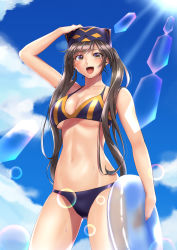 Rule 34 | 1girl, absurdres, alternate costume, bare shoulders, beach, bikini, breasts, cat mask, cleavage, cloud, collarbone, commentary request, cowboy shot, day, duel monster, hand on headwear, highres, holding, holding swim ring, i:p masquerena, innertube, large breasts, lens flare, light rays, long hair, looking at viewer, mask, multicolored bikini, multicolored bikini top, multicolored clothes, muto dt, navel, open mouth, purple bikini, purple eyes, sidelocks, sky, solo, sunbeam, sunlight, sweat, swim ring, swimsuit, teeth, upper teeth only, yu-gi-oh!