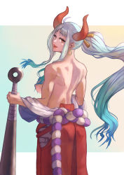 Rule 34 | 1girl, ahoge, aqua hair, back, breasts, club, club (weapon), curled horns, earrings, floating hair, green hair, hair ornament, hair stick, hakama, highres, holding, holding weapon, horns, japanese clothes, jewelry, kanabou, large breasts, lips, long hair, looking at viewer, looking back, multicolored hair, off shoulder, one piece, oni, open mouth, orange eyes, parted bangs, ponytail, red horns, rope, shimenawa, sideboob, sidelocks, smile, solo, topless, user cdxk3254, very long hair, weapon, white hair, yamato (one piece)