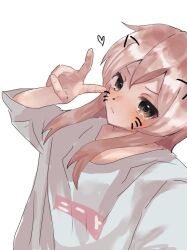 Rule 34 | 1girl, brown eyes, commentary, drawn ears, drawn nose, drawn whiskers, face filter, hair between eyes, heart, long hair, looking at viewer, onii-chan wa oshimai!, oyama mahiro, pink hair, selfie, serious, shirt, sidelocks, simple background, solo, tourui6221, v, white background, white shirt