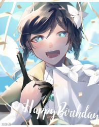 Rule 34 | 1boy, androgynous, beret, black hair, blue hair, bottle, bouquet, bow, braid, brooch, cape, collared cape, collared shirt, commentary request, corset, english text, flower, frilled sleeves, frills, gem, genshin impact, gradient hair, green eyes, green hat, happy birthday, hat, hat flower, highres, holding, holding bottle, holding bouquet, jewelry, leaf, long sleeves, looking at viewer, male focus, multicolored hair, open mouth, shirt, short hair with long locks, simple background, smile, solo, twin braids, venti (genshin impact), white flower, white shirt, wine bottle, yoikaze saria