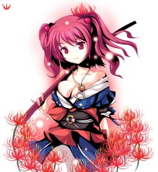 Rule 34 | 1girl, bare shoulders, breasts, cleavage, dress, female focus, flower, gradient background, hair bobbles, hair ornament, head tilt, ideolo, no nose, onozuka komachi, plant, red eyes, red hair, scythe, short hair, solo, spider lily, touhou, white background