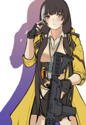 Rule 34 | 1girl, 3 small spiders, black gloves, black hair, black skirt, blush, brown vest, closed mouth, colt 9mm smg, feet out of frame, fingerless gloves, girls&#039; frontline, gloves, gun, hand up, headphones, heterochromia, highres, holding, holding gun, holding weapon, jacket, long hair, looking at viewer, multicolored hair, open clothes, open jacket, red eyes, ro635 (girls&#039; frontline), shadow, skirt, solo, standing, submachine gun, vest, weapon, white background, yellow eyes, yellow jacket