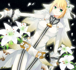 Rule 34 | 10s, 1girl, ahoge, bad id, bad pixiv id, bodysuit, chain, fate/extra, fate/extra ccc, fate (series), flower, gloves, green eyes, highres, lily (flower), lock, mmm ss, nero claudius (bride) (fate), nero claudius (fate), nero claudius (fate), padlock, solo, veil, white gloves