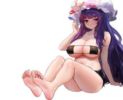 Rule 34 | 1girl, :/, alternate costume, arm support, ass, bare shoulders, bikini, blunt bangs, blush, breasts, closed mouth, collarbone, crescent, crescent hat ornament, crexby, expressionless, eyepatch bikini, feet, foot focus, foreshortening, full body, hand up, hat, hat ornament, highres, large breasts, long hair, looking at viewer, mob cap, navel, patchouli knowledge, purple eyes, purple hair, simple background, sitting, soles, solo, swimsuit, toes, touhou, very long hair, white background, white hat