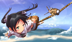 Rule 34 | 1girl, a9b (louis814), aircraft, airplane, animal ears, black hair, blush, bow, cat ears, fiat g.55, francesca lucchini, green eyes, hair bow, looking back, strike witches, striker unit, tail, twintails, world witches series