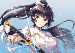 Rule 34 | 1girl, aiguillette, azur lane, black hair, blue background, blunt bangs, bow, breasts, buttons, closed mouth, double-breasted, glint, gloves, gradient background, hair bow, hair flaps, high ponytail, holding, holding sword, holding weapon, katana, large breasts, long hair, long sleeves, looking at viewer, military, military uniform, pensuke, scabbard, serious, sheath, solo, sword, takao (azur lane), tsurime, uniform, unsheathing, upper body, v-shaped eyebrows, very long hair, weapon, white bow, white gloves, yellow eyes