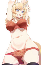 Rule 34 | 1girl, animal ear fluff, animal ears, arknights, armpits, arms up, bad id, bad twitter id, blonde hair, blue eyes, bra, cowboy shot, e sky rugo, fang, from below, highres, horse ears, horse girl, horse tail, panties, red bra, red panties, simple background, skin fang, tail, thick eyebrows, underwear, underwear only, whislash (arknights), white background