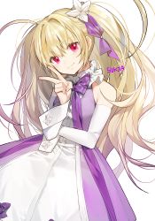 Rule 34 | 1girl, artist name, blonde hair, closed mouth, detached sleeves, dress, frills, halterneck, hand up, long hair, looking at viewer, original, pink eyes, purple dress, signature, simple background, smile, solo, sukja, tsurime, twintails, v, white background