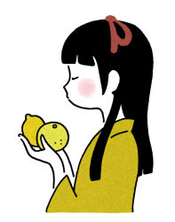 Rule 34 | 1girl, black hair, blending, blunt bangs, blunt ends, blush, closed eyes, closed mouth, commentary request, cropped torso, food, from side, fruit, hair ornament, hair ribbon, hands up, hirasawa minami, holding, holding food, holding fruit, japanese clothes, kimono, lemon, long hair, long sleeves, original, profile, red ribbon, ribbon, simple background, solo, u u, upper body, white background, wide sleeves, yellow kimono