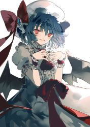 Rule 34 | 1girl, ascot, bad id, bad twitter id, bat wings, blue hair, blush, cierra (ra-bit), dress, hat, hat ribbon, mob cap, open mouth, puffy sleeves, red eyes, remilia scarlet, ribbon, sash, short hair, short sleeves, simple background, smile, solo, touhou, white background, wings, wrist cuffs