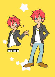 Rule 34 | 1boy, ;d, ahi tb, black jacket, chain, chain, character name, denim, gold chain, hand on own hip, harryham harry, hugtto! precure, jacket, jeans, male focus, one eye closed, open mouth, pants, parody, pop&#039;n music, precure, red hair, simple background, smile, solo, style parody, yellow background