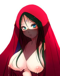 Rule 34 | 1girl, aqua eyes, blue eyes, blush, breasts, breasts out, drooling, funakura, green eyes, green hair, gypsy, jewelry, lactation, large breasts, long hair, looking at viewer, matching hair/eyes, multicolored eyes, nipples, open mouth, original, saliva, see-through, simple background, solo, upper body, veil, white background