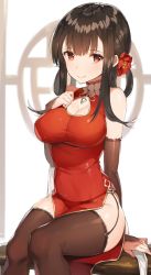 Rule 34 | 1girl, arm support, bare shoulders, black panties, black thighhighs, blunt bangs, breasts, bridal gauntlets, brown hair, china dress, chinese clothes, cleavage, cleavage cutout, closed mouth, clothing cutout, collarbone, dress, dsr-50 (girls&#039; frontline), dsr-50 (red peony) (girls&#039; frontline), flower, girls&#039; frontline, hair flower, hair ornament, hand on own chest, highres, knees together feet apart, lace, lace-trimmed legwear, lace trim, large breasts, long hair, looking at viewer, official alternate costume, panties, parted lips, pelvic curtain, red dress, red eyes, rikoma, see-through, side slit, sidelocks, sitting, smile, solo, studs, thighhighs, thighs, underwear