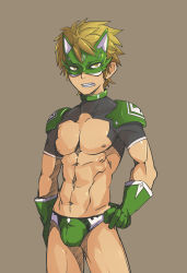 Rule 34 | 1boy, abs, armor, brown background, bulge, character request, collar, copyright request, cowboy shot, domino mask, gloves, green male swimwear, green swim briefs, hand on own hip, jinno ayashi, looking at viewer, male focus, male swimwear, mask, muscular, muscular legs, muscular male, shoulder armor, simple background, solo, swim briefs, swimsuit
