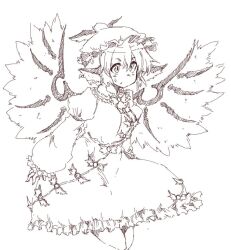 Rule 34 | 1girl, animal ears, bird ears, bird wings, blush, collared shirt, dress, frilled dress, frilled shirt collar, frilled sleeves, frills, greyscale, hair between eyes, hat, long sleeves, monochrome, monyomoke, mystia lorelei, parted lips, shirt, short hair, simple background, sketch, sleeve garter, solo, touhou, white background, winged hat, wings
