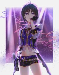 Rule 34 | 1girl, absurdres, adjusting clothes, adjusting gloves, antenna hair, bad id, bad pixiv id, black gloves, black hair, black shorts, clenched teeth, cowboy shot, crop top, gloves, hachiware, highres, holding, holding microphone, idolmaster, idolmaster (classic), jacket, kikuchi makoto, long sleeves, microphone, midriff, navel, open clothes, open jacket, purple eyes, short hair, short shorts, shorts, solo, standing, stomach, teeth