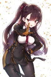 Rule 34 | 1girl, black dress, black gloves, black pantyhose, blush, braid, breasts, brown hair, collared shirt, commentary, cowboy shot, dress, girls&#039; frontline, gloves, hair ribbon, hand on own hip, highres, index finger raised, leaning forward, long hair, long sleeves, looking at viewer, medium breasts, melings (aot2846), one side up, open mouth, outstretched arm, pantyhose, red hair, red neckwear, red ribbon, revision, ribbed shirt, ribbon, shirt, simple background, solo, v-shaped eyebrows, very long hair, wa2000 (girls&#039; frontline), white background, white shirt