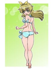 1girl alternate_costume arm_ribbon barefoot bikini blonde_hair blue_bikini blue_ribbon bow breasts carpaccio_(girls_und_panzer) from_behind girls_und_panzer green_background green_eyes hair_bow long_hair looking_at_viewer looking_back ribbon side-tie_bikini_bottom swimsuit takahashi_kurage yellow_bow