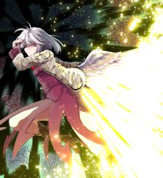 Rule 34 | 1girl, abstract background, beam, blush, bow, bowtie, breasts, brown footwear, cross-laced footwear, danmaku, feathered wings, feathers, flying, full body, glowing, grey jacket, hand in own hair, highres, jacket, kishin sagume, leg up, legacy of lunatic kingdom, light, light particles, light rays, long sleeves, looking at viewer, medium breasts, red eyes, short hair, single wing, solo, spell card, sunnysideup, touhou, white hair, white wings, wings