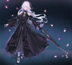 Rule 34 | 1girl, araiyme, bare shoulders, black bow, bow, clothing cutout, drag-on dragoon, drag-on dragoon 3, falling petals, flower, flower over eye, full body, hair bow, high heels, highres, holding, holding sword, holding weapon, long hair, long sleeves, mechanical arms, nier (series), nier reincarnation, official alternate costume, petals, red eyes, shoulder cutout, single mechanical arm, solo, sword, toeless footwear, weapon, white hair, zero (drag-on dragoon)